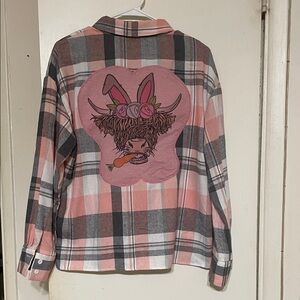 SHEIN Pink and Gray Plaid Top with Graphic